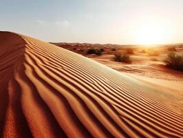 Desert landscape with golden sand dunes at sunset photo