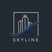 Skyline buildings logo design with blue wave element in modern style graphic vector