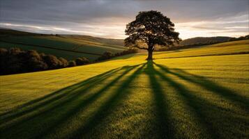 Beautiful sunset over a green meadow with a tree photo