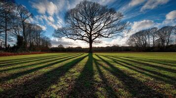 Majestic tree casting shadows on grassy field at dusk photo