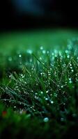 Dew drops glisten on green grass in morning light photo