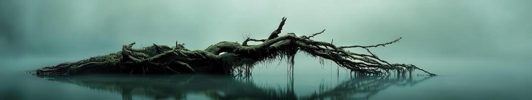 A tree stump in the water with a foggy background photo