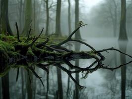 A tree branch is reflected in the water photo