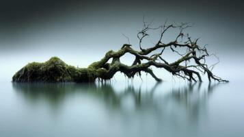 A tree is standing in the water with fog photo
