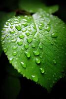 Fresh green leaf covered in raindrops glistens in light photo