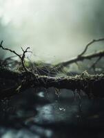 Web glistens in the misty forest at dawn photo
