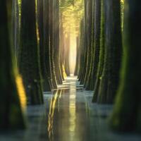 Sunlight streams through trees in a serene swamp photo