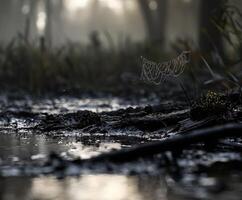 Morning fog highlights spider web near still water photo
