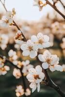 Beautiful white blossoms on a fruit tree branch photo