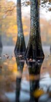 Cypress trees reflect in tranquil water during autumn photo