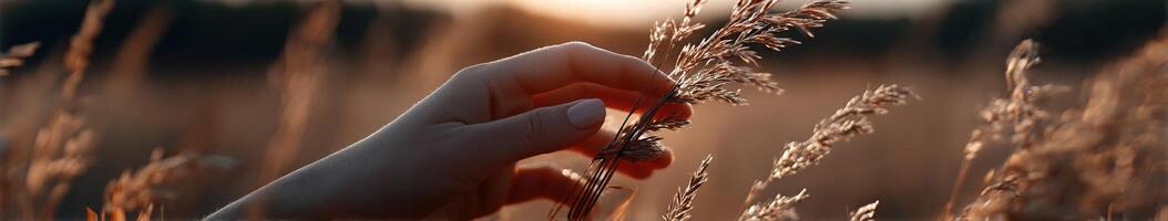 Hand explores golden grass at sunset near wild field photo