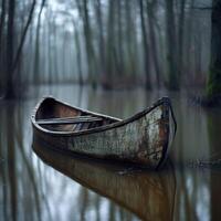 Boat resting in still water surrounded by trees photo