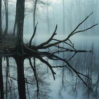 A tree with a dead branch in the water photo