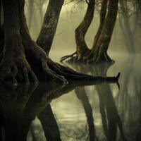 A group of trees in the water with their roots showing photo