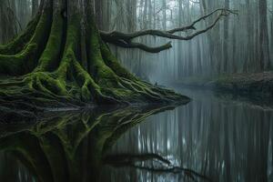 A tree with moss growing on it in the middle of a river photo