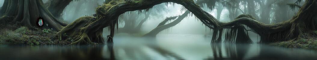 A large body of water surrounded by trees photo