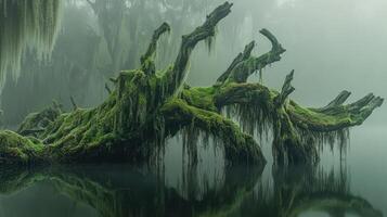 A moss covered tree in the middle of a swamp photo