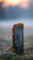 A stump in the middle of a field with moss photo