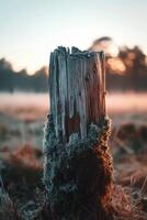 A post in the middle of a field with fog photo