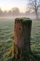 A stump in a field with fog and trees in the background photo