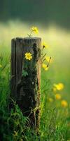 A wooden post with yellow flowers growing on it photo