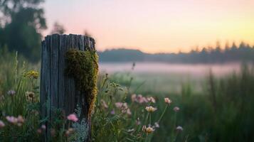 Morning light hits a rustic wooden post photo