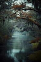Misty river winding through a tranquil forest photo