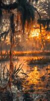 Beautiful sunset over the swamp with spider web photo