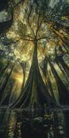 Majestic tree rises in serene swamp at sunset photo
