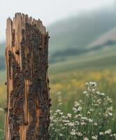 Old wooden stump surrounded by wildflowers in meadow photo