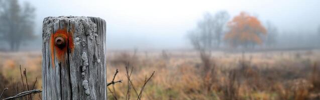 Foggy morning with a post and autumn tree photo