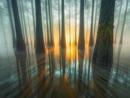 Sunset reflections in a misty forest by a lake photo