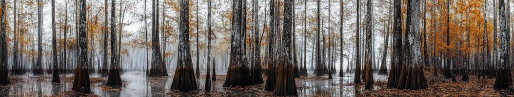 Cypress trees in misty swamp during autumn photo