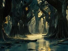 Enchanted swamp with ancient cypress trees at dusk photo