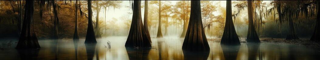 Mystical cypress trees reflect in still water at dawn photo