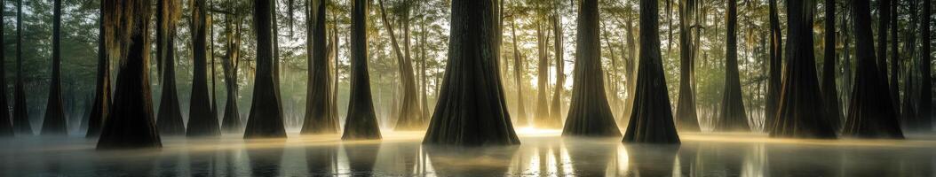 Misty morning light filtering through cypress trees photo