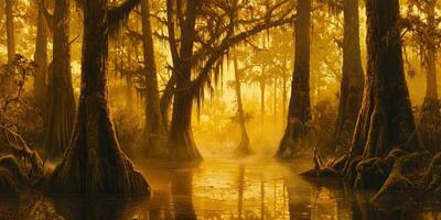 Golden light filters through a tranquil swamp landscape photo
