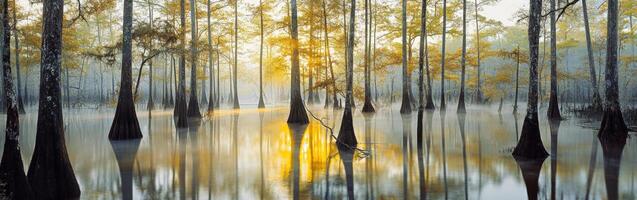 Cypress trees reflect golden light in calm swamp photo