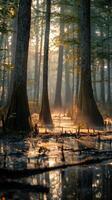 Morning light filters through a tranquil forest setting photo
