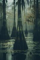 Mysterious cypress trees in tranquil swamp waters photo