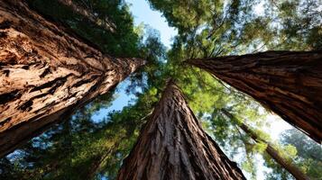Majestic redwood trees reach toward clear blue sky photo