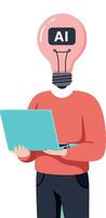 Artificial intelligence concept with person holding laptop and lightbulb head illustration vector