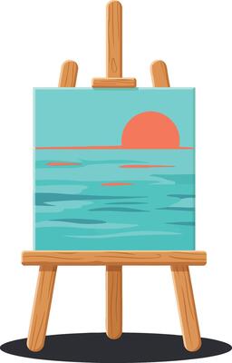 Painting of ocean sunset on wooden easel with turquoise and orange colors illustration