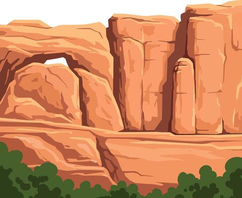 Red rock formations with green bushes natural landscape illustration desert scenery