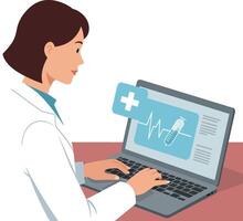 Female doctor using laptop displaying medical data and syringe illustration vector