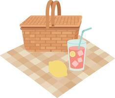 Picnic basket with glass of lemonade and lemon on checkered cloth illustration vector
