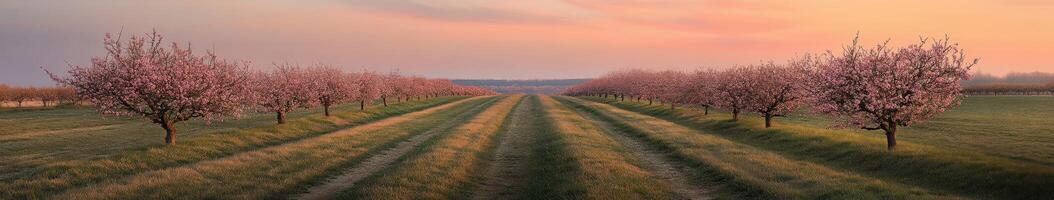 Blooming orchard at sunset in serene countryside photo