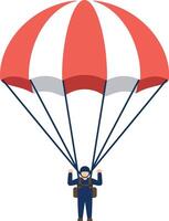 Parachutist with red and white parachute descending in flat style illustration vector