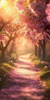 Blossoming cherry trees create a serene pathway photo