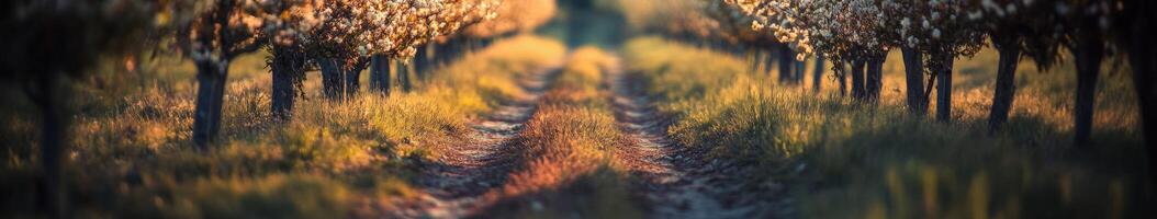 Beautiful sunset over a scenic vineyard trail photo
